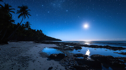Starlit beach night scene with celestial reflection on wet sand. Tranquil tropical ocean, silhouetted palm trees under a vast, twinkling sky. Dreamy seascape.