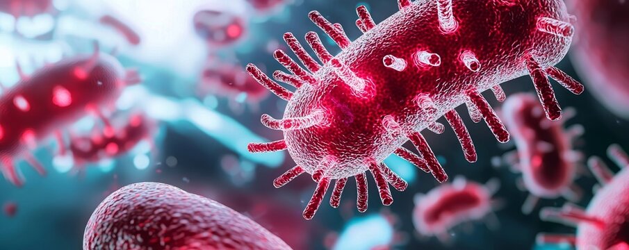 A scientific visualization of intestinal disease, with glowing red inflammation and holographic magnification of bacteria or viruses.