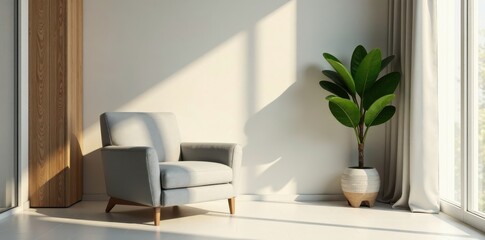 Serene Minimalist Living Room Interior Design Featuring a Comfortable Armchair and Lush Potted Plant Basking in Sunlight