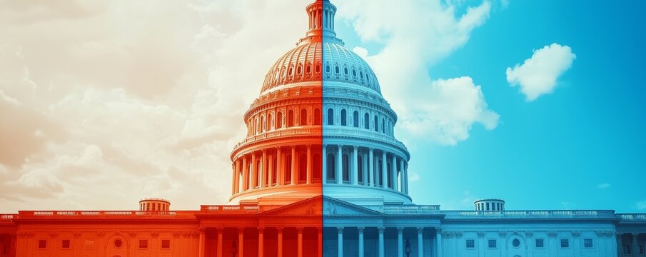 A striking scene of the Capitol divided by color, with its red and blue halves standing as a stark reminder of the fractured state of national politics.