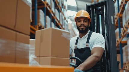 Smiling worker in overalls and helmet stands confidently next to an electric ride-on forklift in a bustling warehouse. Shelves stacked with goods are visible in the background