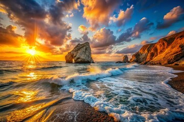 Fototapeta premium Cyprus Aphrodite's Rock Coastal Landscape Dramatic Sunrise Stock Photo