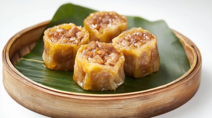 Four delicious shumai dumplings displayed on a bamboo steamer