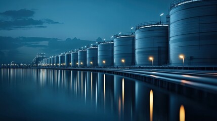 Obraz premium Illuminated night view of oil storage tanks industrial zone nightscape photography urban environment industrial concept
