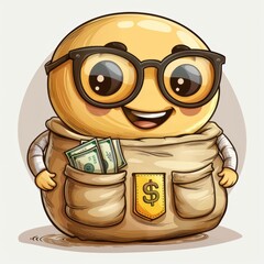 A smiling money bag filled with cash, symbolizing financial stability, cartoon style