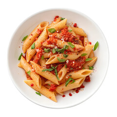 Top view of Penne Arrabbiata &ndash; Spicy Italian pasta with tomato sauce, garlic, and chili flakes., isolated on a transparent background