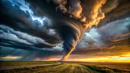 Dark and Ferocious Funnel Cloud Descending, Swirling Debris, Intense Atmospheric Pressure