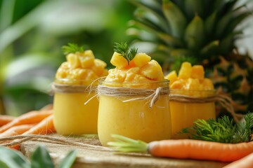 Colorful dessert features carrot-pineapple ice cream topped with fresh pineapple chunks, surrounded by vibrant carrots. Concept explores innovation in carrot-pineapple ice cream creation.
