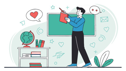 Educator Interacting with Digital Technology in Classroom on Transparent Background