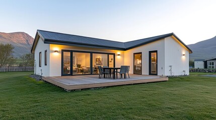 Modern White House with Deck and Mountain View at Dusk