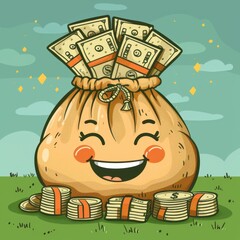 A smiling money bag filled with cash, symbolizing financial stability, cartoon style