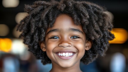 A young girl with curly hair is smiling and looking at the camera. She has a bright, happy expression on her face