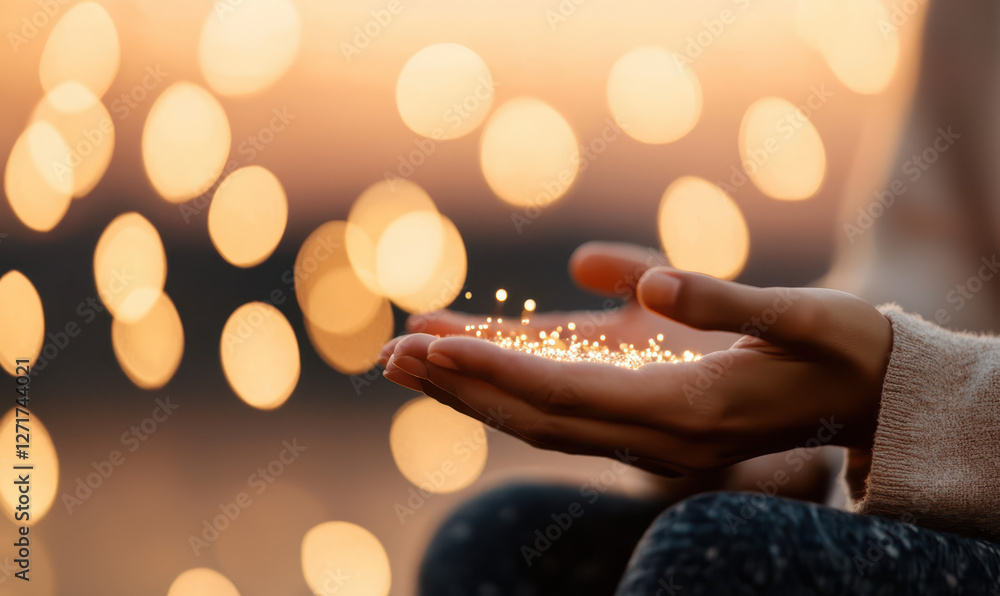 Poster embrace the light: captivating moment of serenity with sparkling bokeh and an inspirational touch of