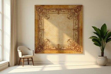 Elegant Ornate Frame Artwork in a Sunlit Room with a Chair and Plant