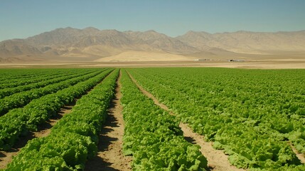 Lettuce farm rows stretch to distant mountains in a desert landscape