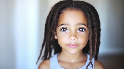 A young girl with dreadlocks is smiling at the camera. She has a light skin tone and brown hair