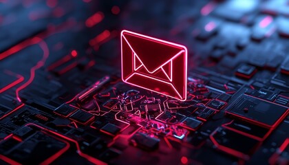 A 3D email icon glowing with pulsating red light, embedded in a maze of digital pathways on a dark, futuristic surface.
