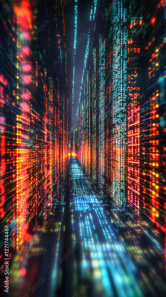 Aufkleber Colorful binary code forming walls and floor of a virtual space, creating a perspective effect