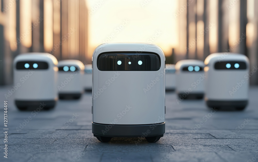 Poster a group of autonomous delivery robots navigating a modern urban environment.