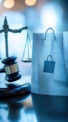 Consumer Protection Day: Balance of Justice with Gavel and Shield vs. Shopper. Abstract Marketing Background Highlighting Legal Safeguards and Consumer Rights. Blue-White Professional Design for Busin