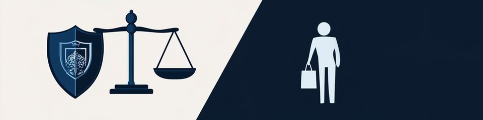 Consumer Protection Day: Balance of Justice with Gavel and Shield vs. Shopper. Abstract Marketing Background Highlighting Legal Safeguards and Consumer Rights. Blue-White Professional Design for Busin