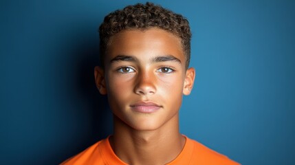 A young man with a shaved head and a tan complexion is wearing an orange shirt. He has a serious expression on his face