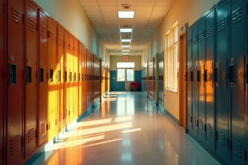 Sunlit Corridor with Rows of Lockers in an Educational Building