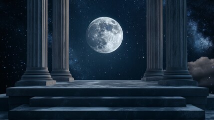 Ancient temple at night with moon