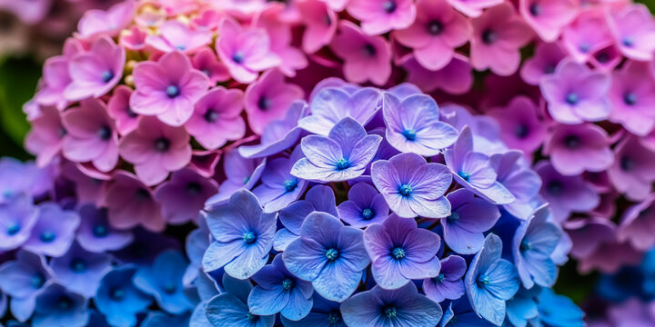 A stunning close-up of hydrangea flowers in a mix of vibrant colors, including shades of pink, purple, and blue.