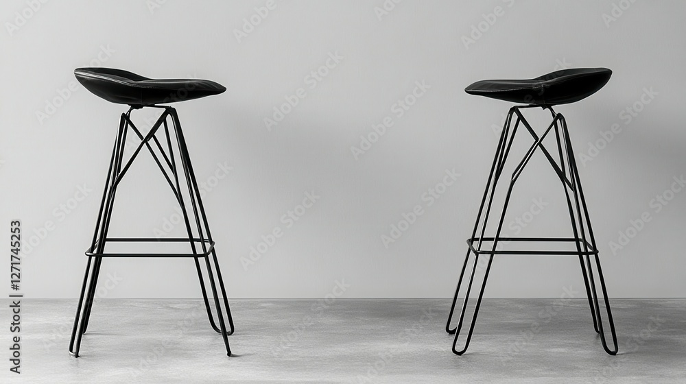 Aufkleber two black stools with metal legs are sitting on a concrete floor. the stools are identical in design