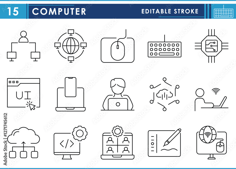 Poster a set of line icons related to computer. developer, chips, chat, online, keyboard, mouse, programmin