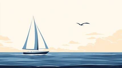 Fototapeta premium A minimalistic illustration of a tiny sailboat on calm waters under a soft sky with clouds and a bird in flight