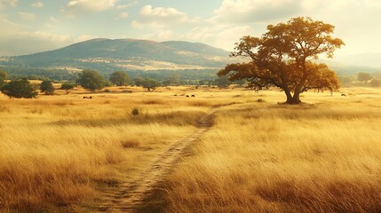Obraz premium Golden Grassland Path Leading Towards a Lone Tree and Mountains
