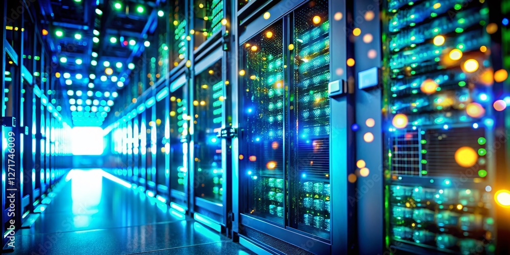 Poster data center network: server racks & bokeh lights, cloud computing infrastructure