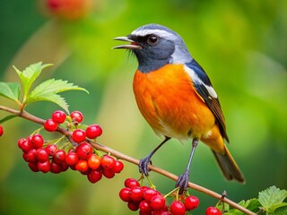 Fototapeta premium Daurian Redstart Bird Enjoying a Feast of Berries and Insects