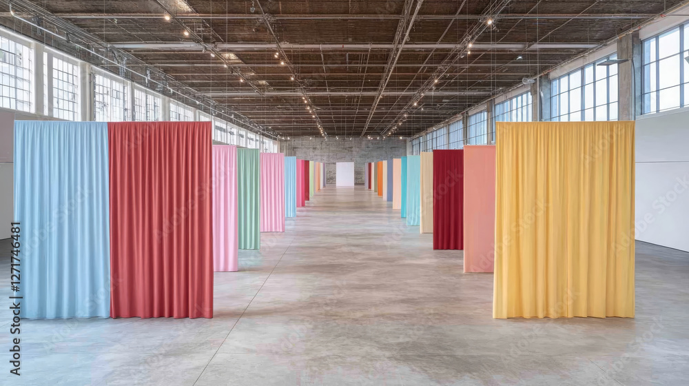 Poster vibrant art gallery featuring colorful fabric partitions in various hues, creating visually striking