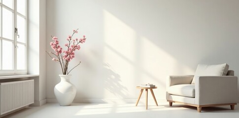 Serene Minimalist Living Room Interior Design with Blooming Branches in a Vase and a Comfortable Armchair