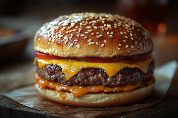 Stacked Perfection, A Decadent Double Cheeseburger Delight on Rustic Wood