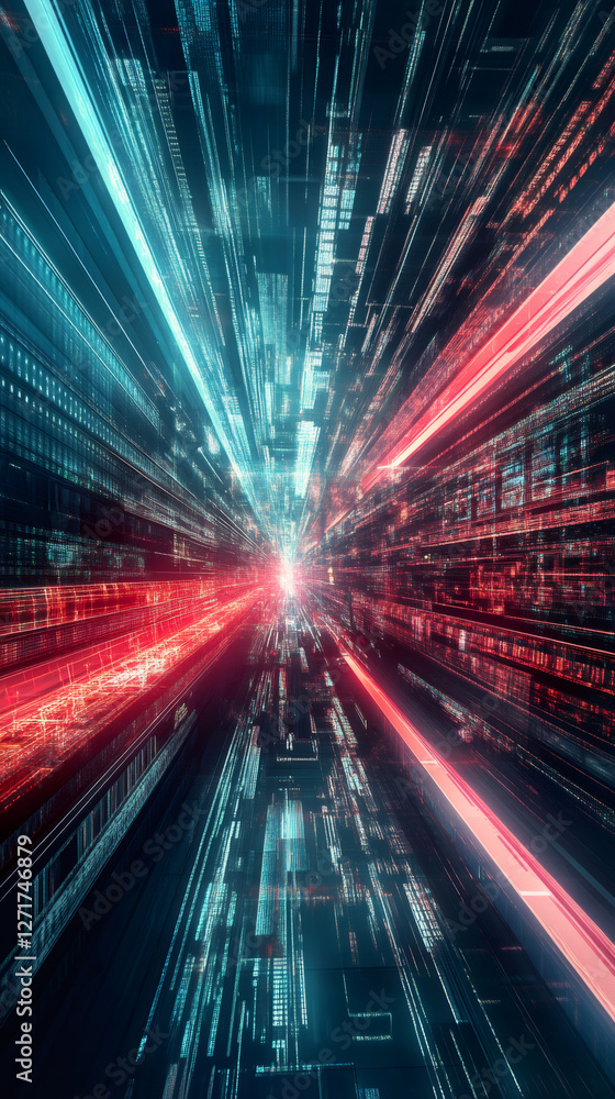 Poster Red and blue light trails traveling through digital cyberspace with binary code, representing data flow, big data, and technology