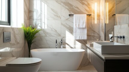 A modern bathroom featuring a freestanding tub, sleek fixtures, and natural light, creating a serene and stylish atmosphere.