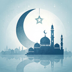 Flat design Ramadan Kareem background, 3d golden metal crescent and stars. Arabic style arch in beige color with traditional pattern. elegant golden moon with mosque ramadan kareem background