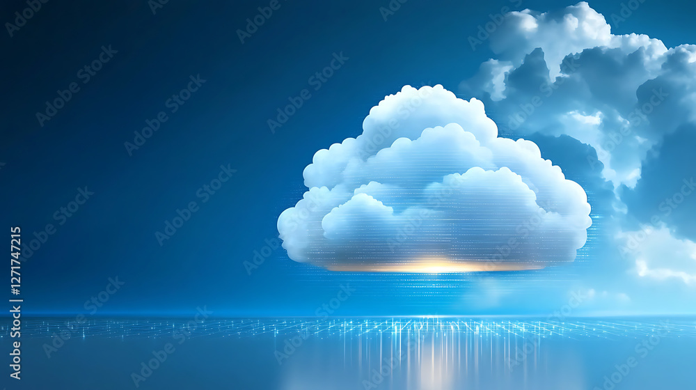 Poster cloud computing action with illuminated data network over water digital art serene environment aeria
