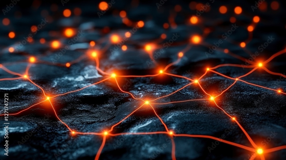 Poster abstract network visualization glowing orange nodes connected by red lines on dark textured surface