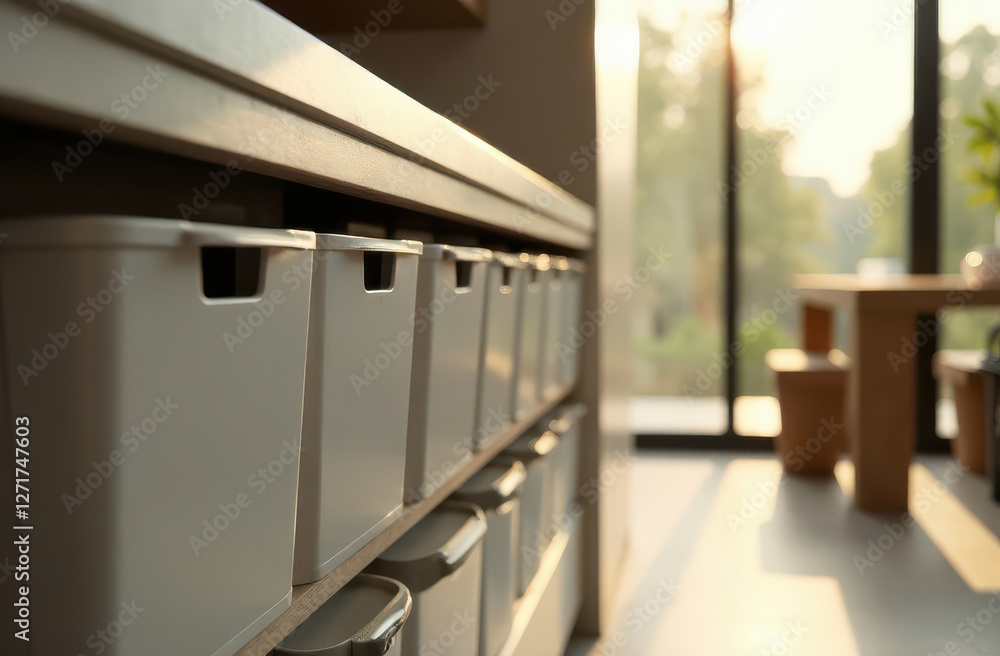 Poster a row of white storage bins is neatly arranged on a shelf in a stylish room. sunlight filters throug