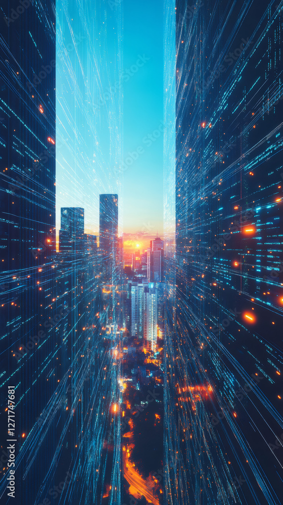 Aufkleber Digital streams connecting gleaming skyscrapers against sunset sky, representing global network connectivity and technological innovation
