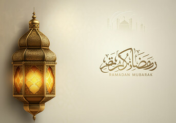 Islamic greetings Ramadan Kareem card design with lanterns and crescent, elegant golden moon with mosque Ramadan Kareem background