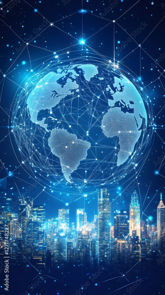 Leinwandbilder global network illuminating cityscape with rotating earth, representing interconnected digital busin