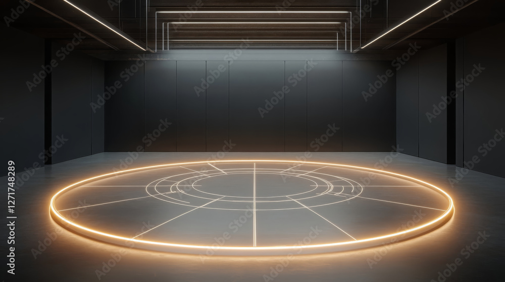 Poster minimalistic circular environment with glowing lines and dark walls creates modern and futuristic at