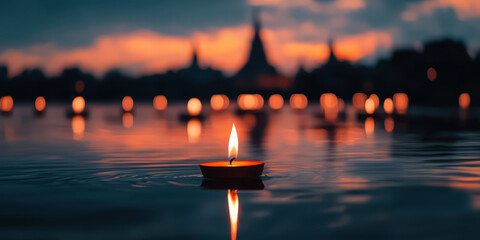 Experience Tranquility: A Serene Evening with Floating Candles Reflecting on Water Surrounded by a Beautiful Festival Atmosphere