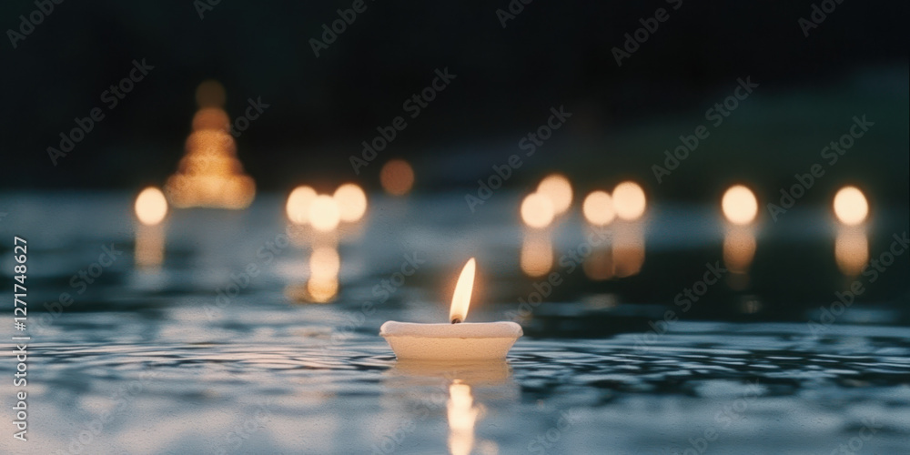 Poster experience tranquility with floating candles on water: a serene evening setting illuminated by gentl